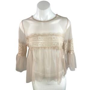 Forever 21 Tan Floral Lace Mesh Sheer Long Sleeve See Trough Blouse Top Size S